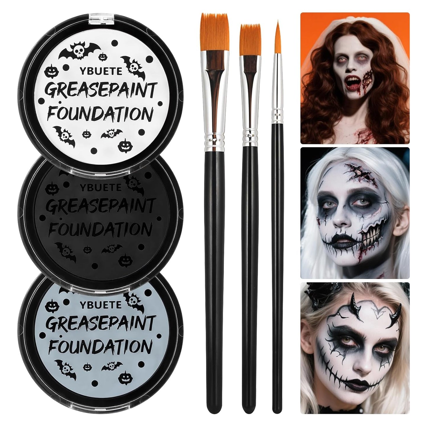 Black White Grey Oil Based Face Paint Kit with Painting Brushes, Professional Full Coverage Greasepaint Halloween Face Painting Kit for Adult Cosplay Skeleton Monster Carnival Makeup