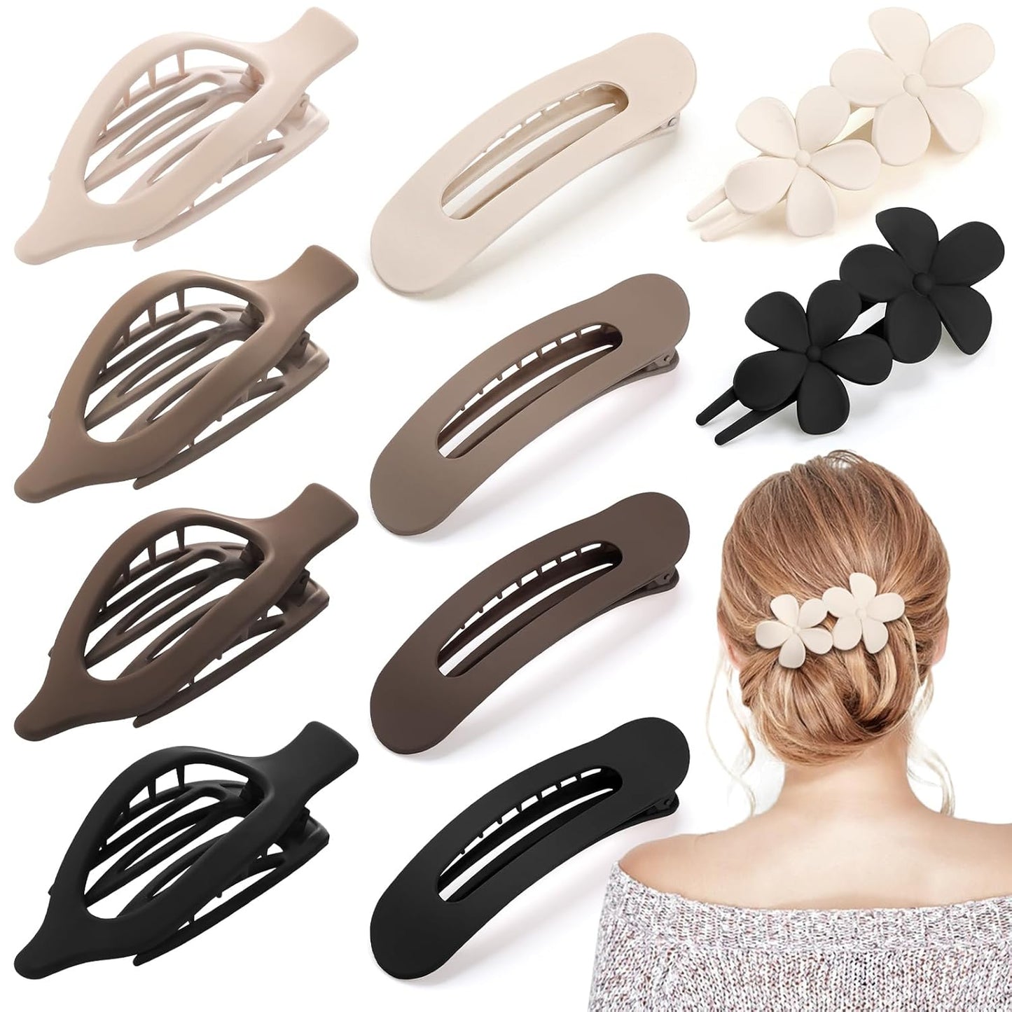 10 Pcs French Flat Hair Clips for Women - 3 Styles Non-slip Flat Claw Clips Matte Hair Claws for Thin Thick Hair