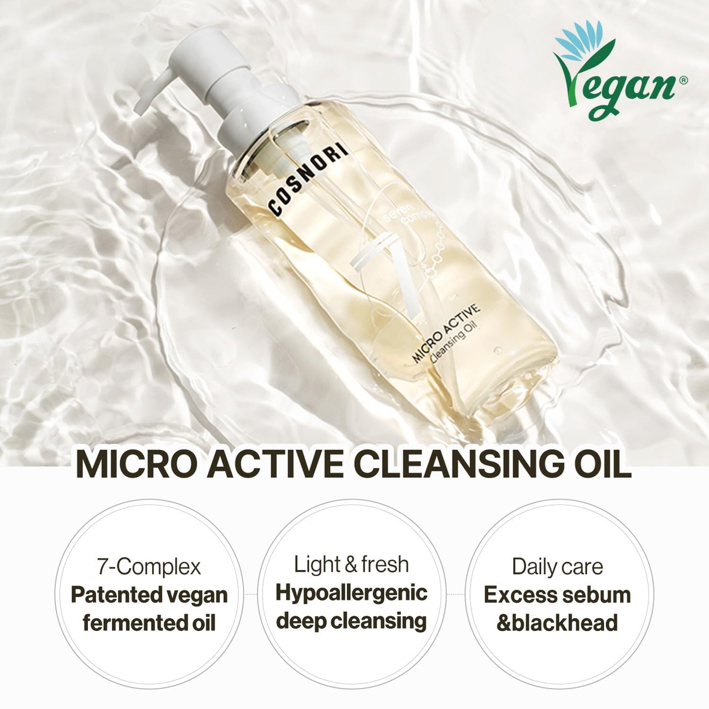 COSNORI 7-Complex Micro Active Cleansing Oil – Korean Vegan Facial Cleansing Oil, Fresh and Light Finish – Gentle Makeup Remover for Face, Hypoallergic, Fermented 7-Oil Complexes, 6.7 fl.oz.
