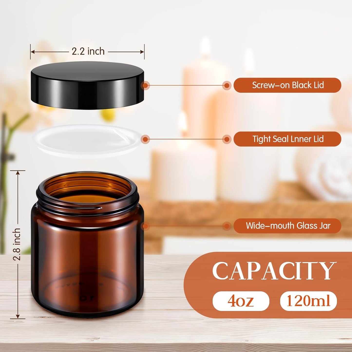 Norme 36 Pcs 4 oz Glass Jars with Lids Leakproof Round Airtight Empty Cosmetic Jars with Inner Liners Lid for Storing Lotions Powder Ointments Candle Making Tins (Black,Amber)