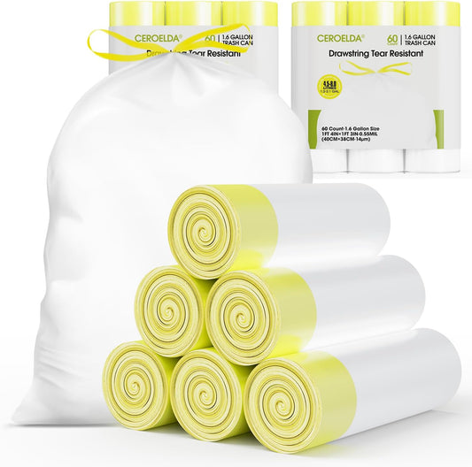 CEROELDA 1.6 Gallon Small Trash Bags, 120 Count Mini Drawstring Garbage Bags Unscented fit 4.5-8 Liter, 1.2-2 Gallon Thick Plastic Wastebasket Liners for Bathroom Bedroom Office Toilet
