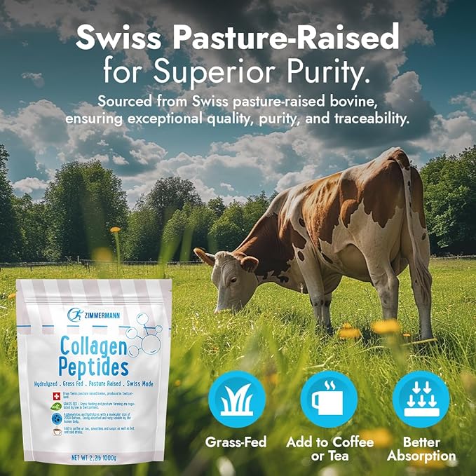 Zimmermann Collagen Peptides Powder 2.2lb 1000g, Produce of Switzerland from Swiss Grass Fed Cows, Hydrolyzed, Unflavored, for Women & Men - Hair, Skin, Nail, & Joint Support, Keto, Type I and III,