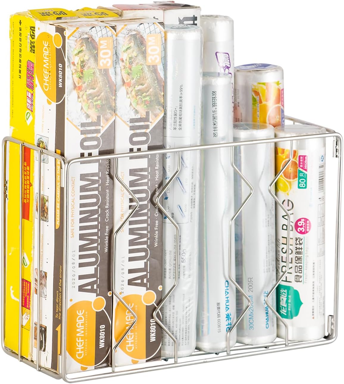 YQh Wall Mount Kitchen Wrap Organizer Rack, Cabinet Storage Basket, Aluminum Foil Rack, Mounts to Solid Cabinet Doors or Walls, Tall Basket Door Mount Cabinet Organizer