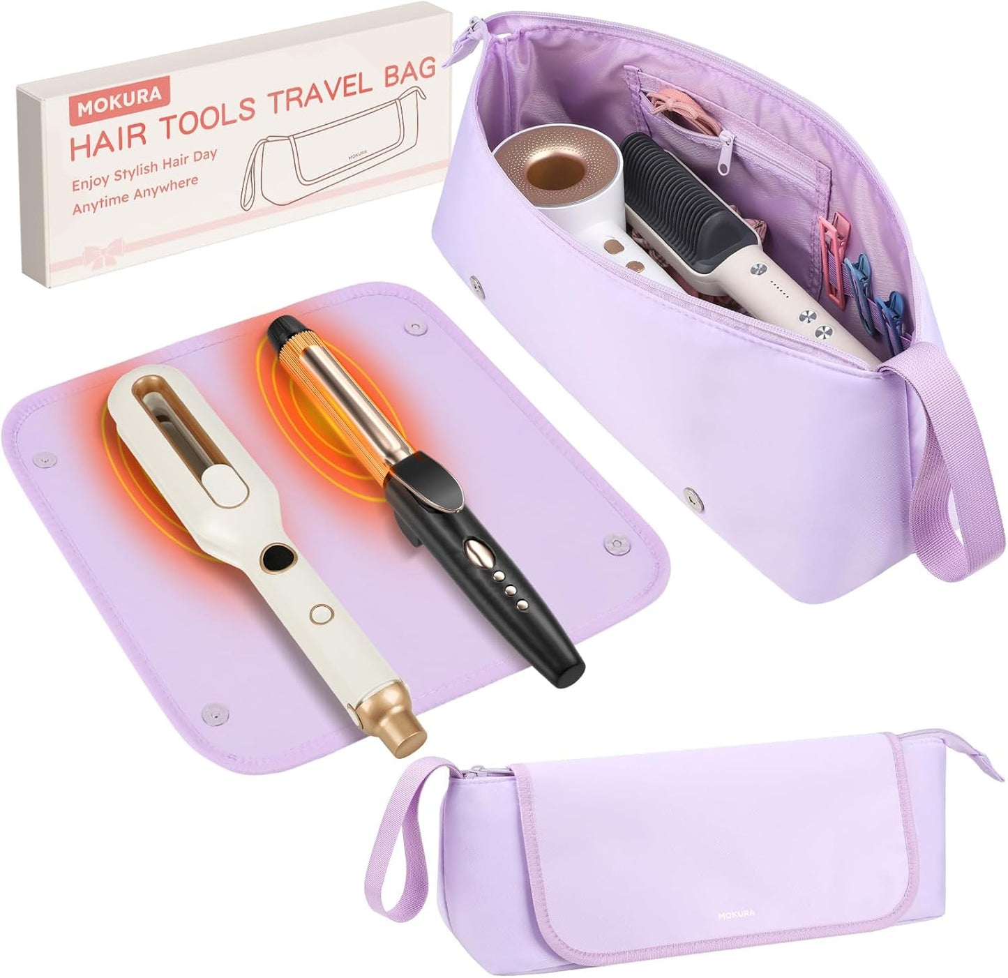 MOKURA Hot Hair Tools Travel Bag with Heat Resistant Mat Removable, Hair Accessories Organizer Case, Women Travel Essentials, Storage Pouch for Curling Iron Straightener Flat Iron Hair Dryer, Purple