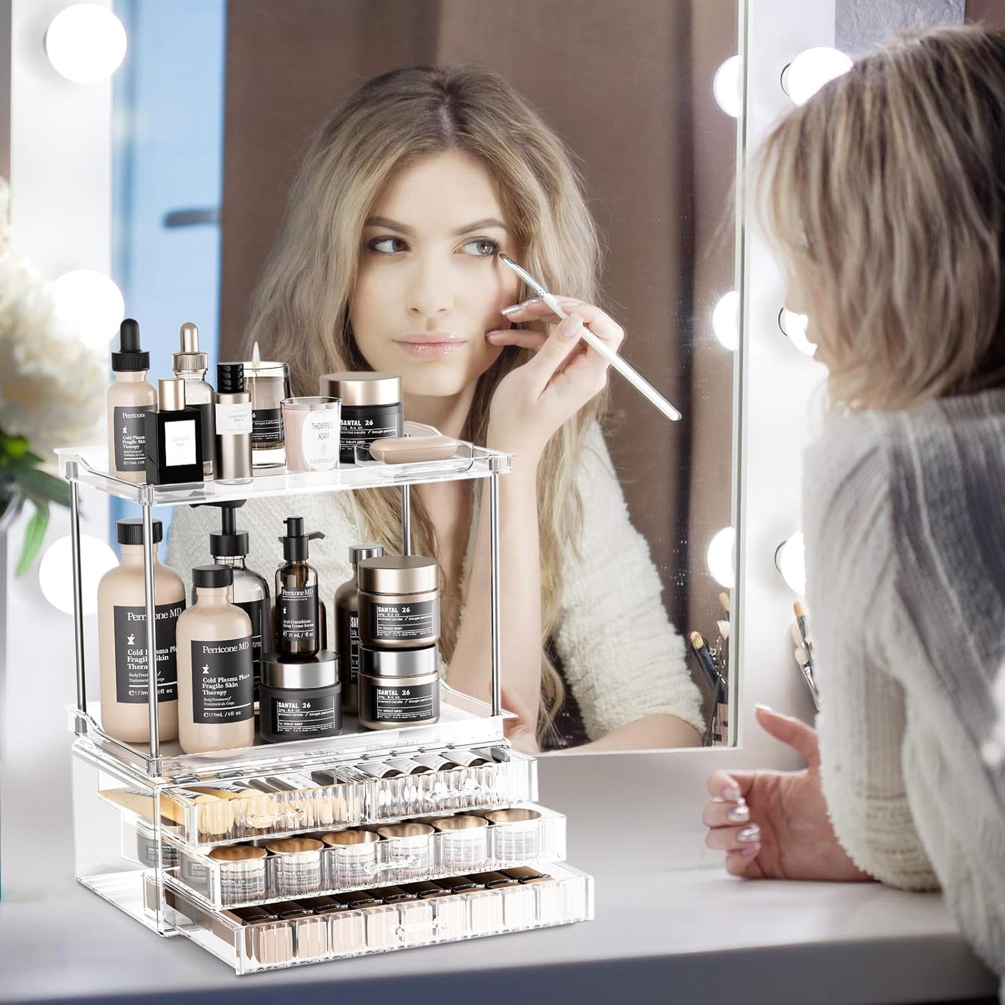 Acina 2-Tier Bathroom Organizer Countertop: Multi-Purpose Makeup Organizer - Large Skincare Exquisite Vanity Organizer for Cosmetics, Perfume Amber Clear