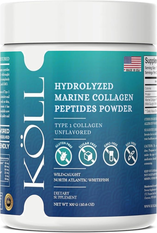 KÖLL Marine Collagen Peptides Powder, Unflavored & Sugar-Free | 10,000mg Hydrolyzed Collagen Supplements | Wild-Caught Sourced, Non-GMO & Zero Preservatives Type 1 Collagen for Bone & Skin Health