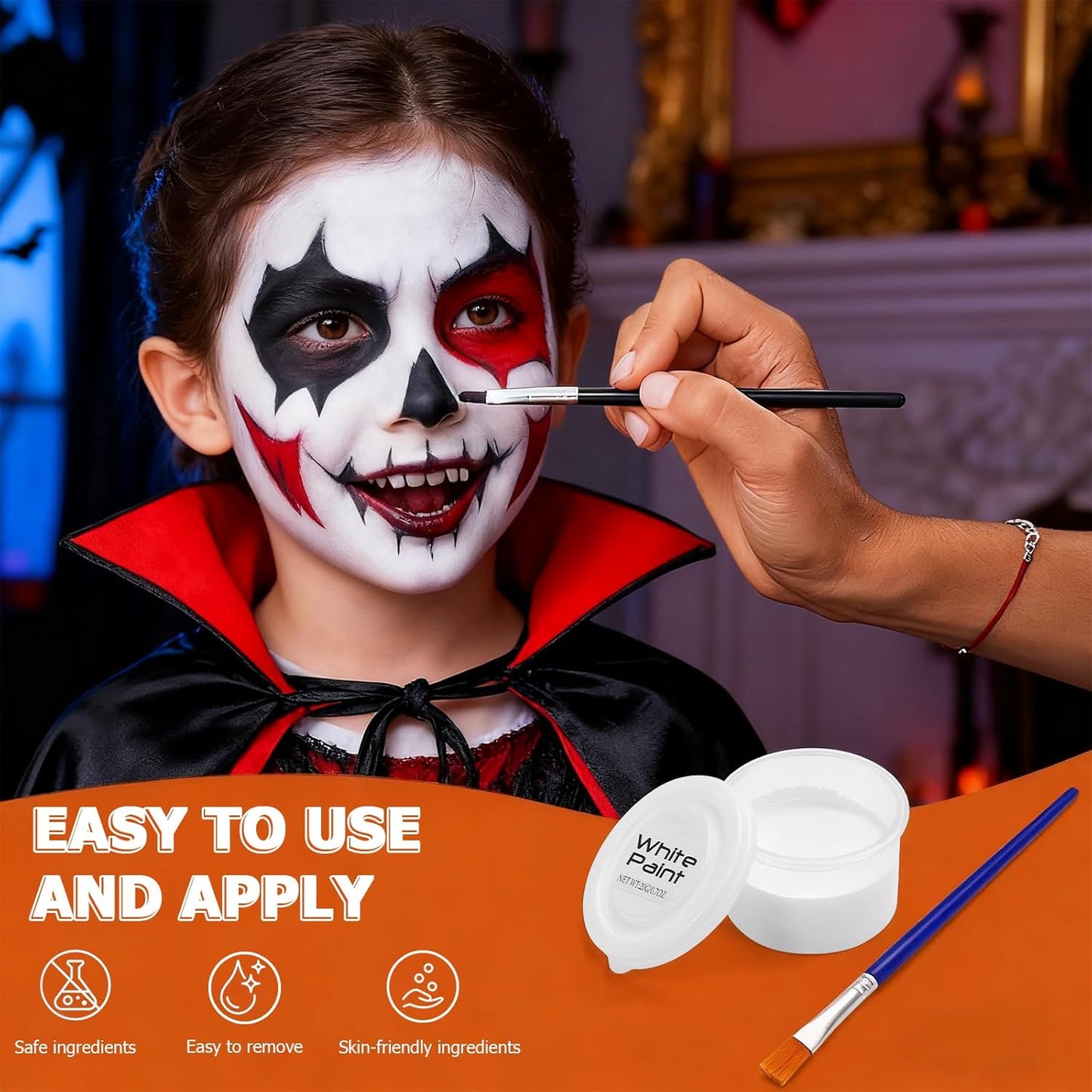 White Foundation + Black Red Face Body Paint for Halloween Makeup, Face Painting Kit with Brush, Skin-Friendly & Non-Toxic Face Paint Suitable for Cosplay Parties, Stage Plays, and Halloween Makeup