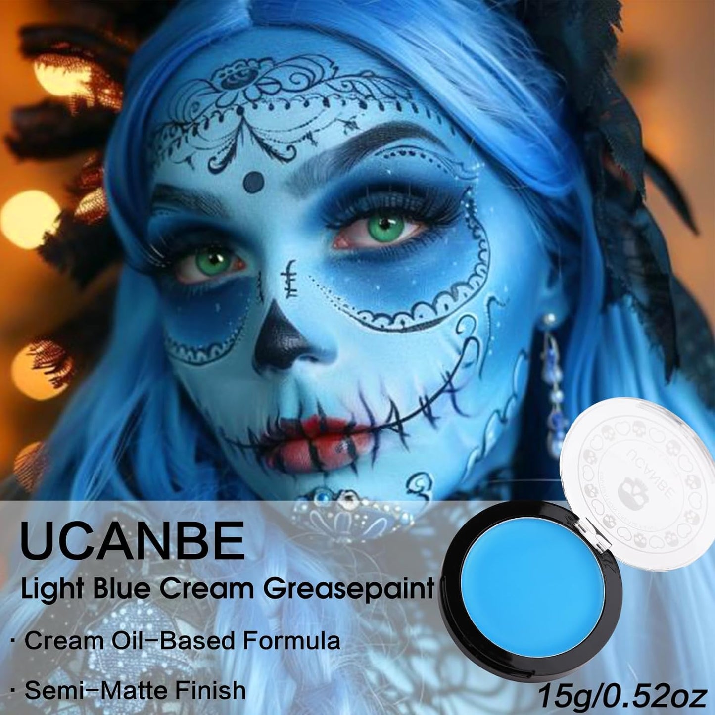 UCANBE Light Blue Face Body Paint Makeup Foundation, Cream Greasepaint for Kids & Adult, Non-Toxic FX Face Painting Kit for Halloween Smurf Avatar Corpse Bride Sally Face Makeup, Costume Cosplay Party