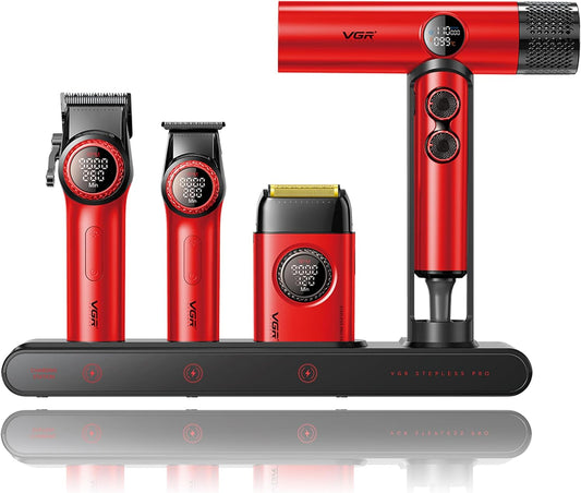 VGR Professional Barber Combo 4 in 1 – 9000RPM Cordless Hair Clipper & Trimmer, Foil Shaver & Hair Dryer Set, All-in-One Grooming Kit for Home & Barber, Premium Haircutting Kit with Travel Case, Red