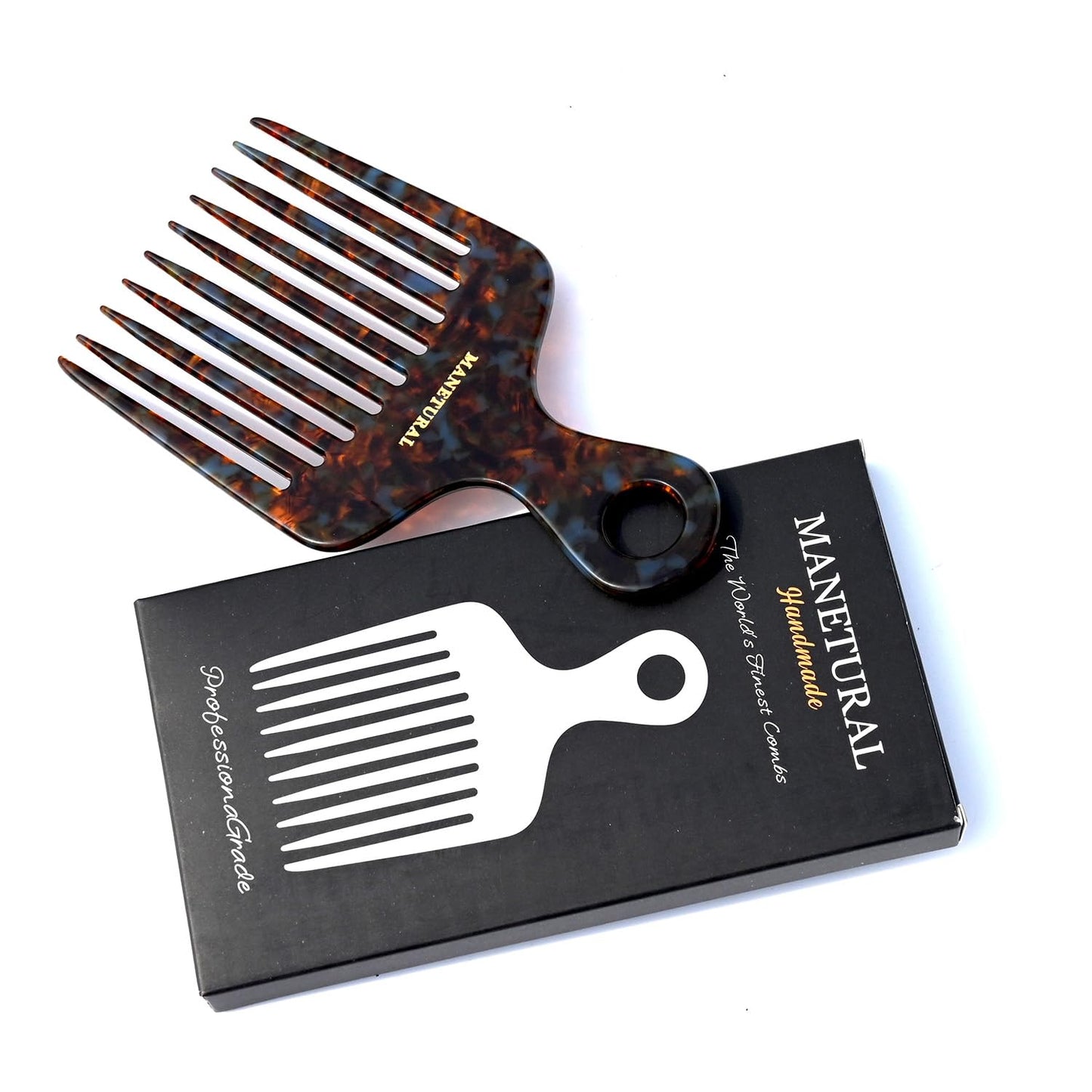 14N Long Tooth Comb, 2 PACK, Tortoise A, Cellulose Acetate, Hair Pick for Wavy, Kinky, Curly, Afro Hair - Women, Kids & Men's Beard, Handmade Saw Cut Hand Polished