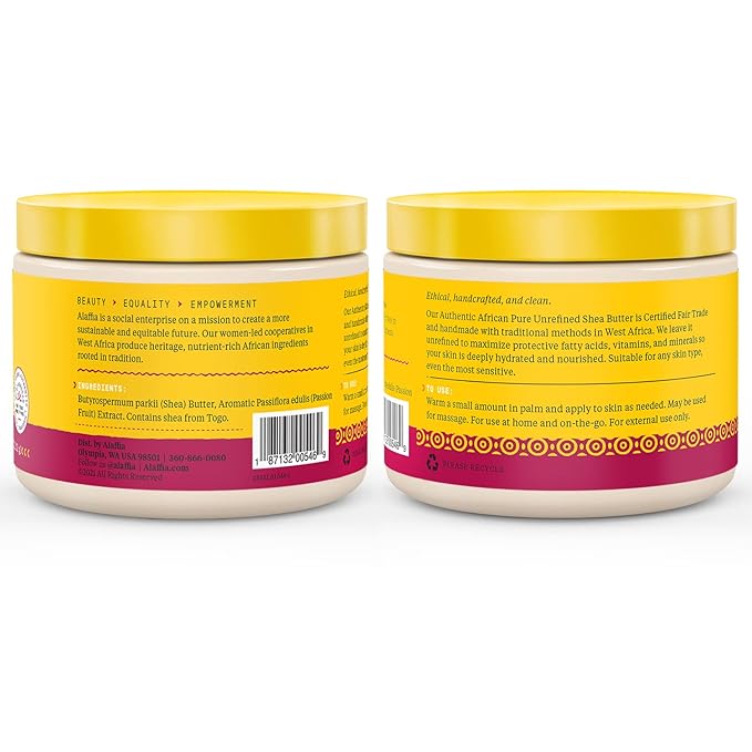 Alaffia Pure Unrefined Shea Butter with Passion Fruit, Pure Shea Butter Lotion, Moisture for Skin and Hair, Shea Body Butter Moisturizer, Face Moisturizer for Dry Skin, All Skin Types, 11 Oz