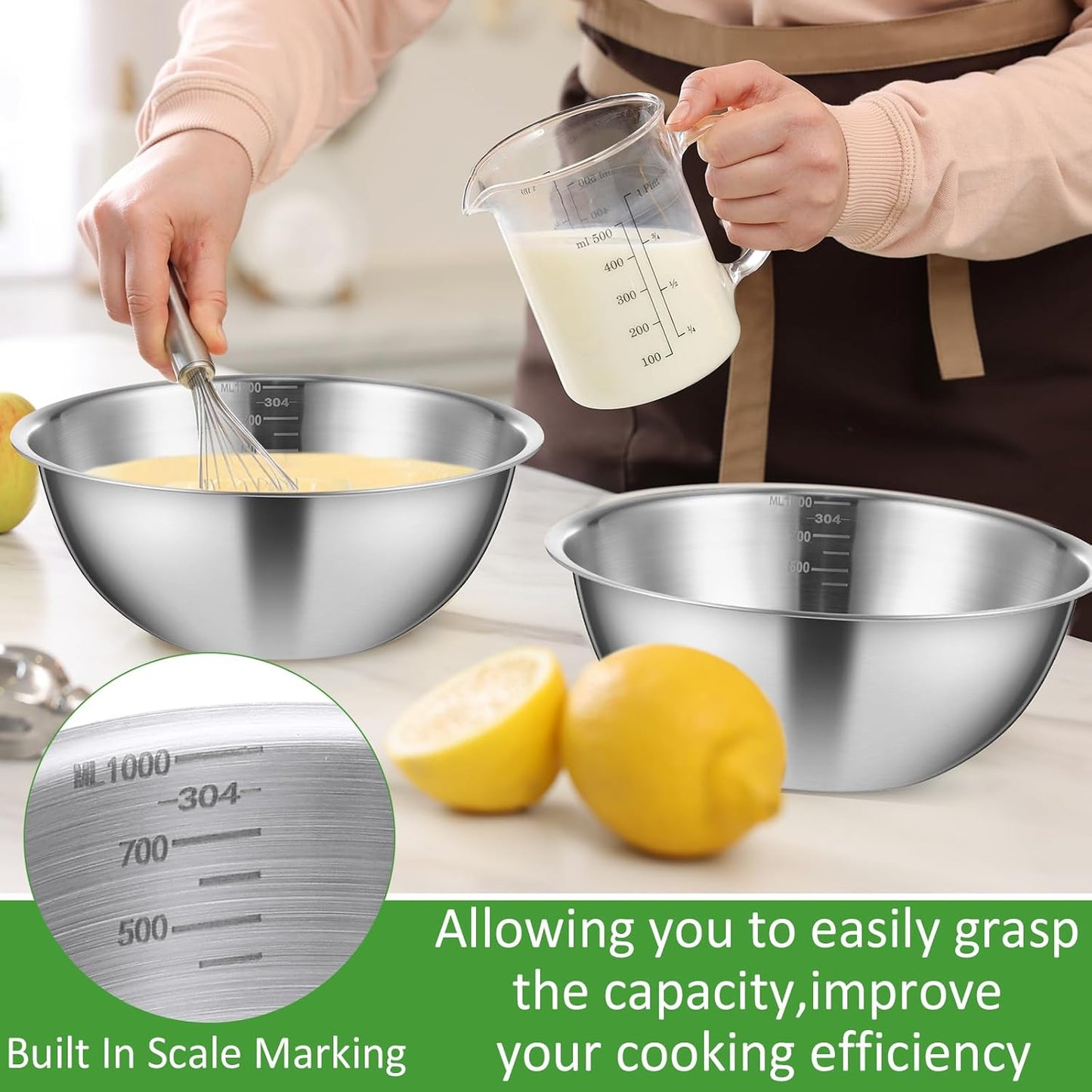 Honeydak 6 Pcs 304 Stainless Steel Mixing Bowls with Graduations, Salad Bowls Metal Serving Reusable Baking Food Storage Containers for Baking Cooking Salads Soups Ice Cream Noodles (54 oz)