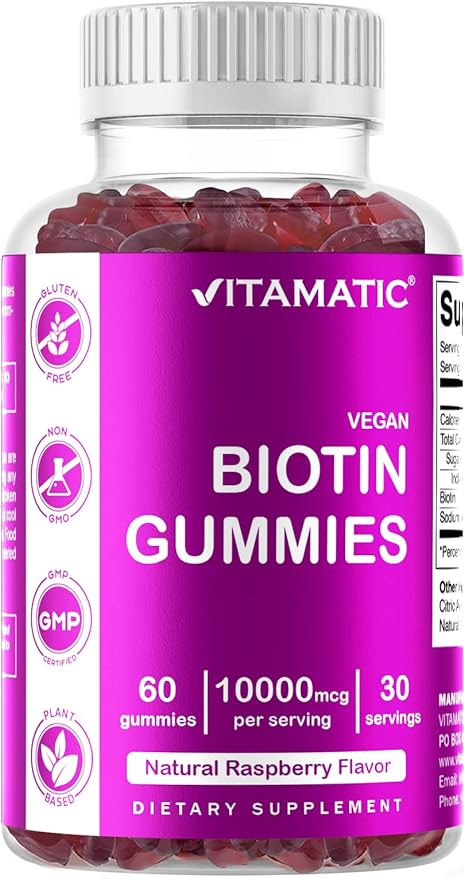 Vitamatic Biotin Gummies 10,000 mcg for Stronger Hair, Skin & Nails - 60 Vegan Gummies - Also Called Vitamin B7 (2 Bottles)