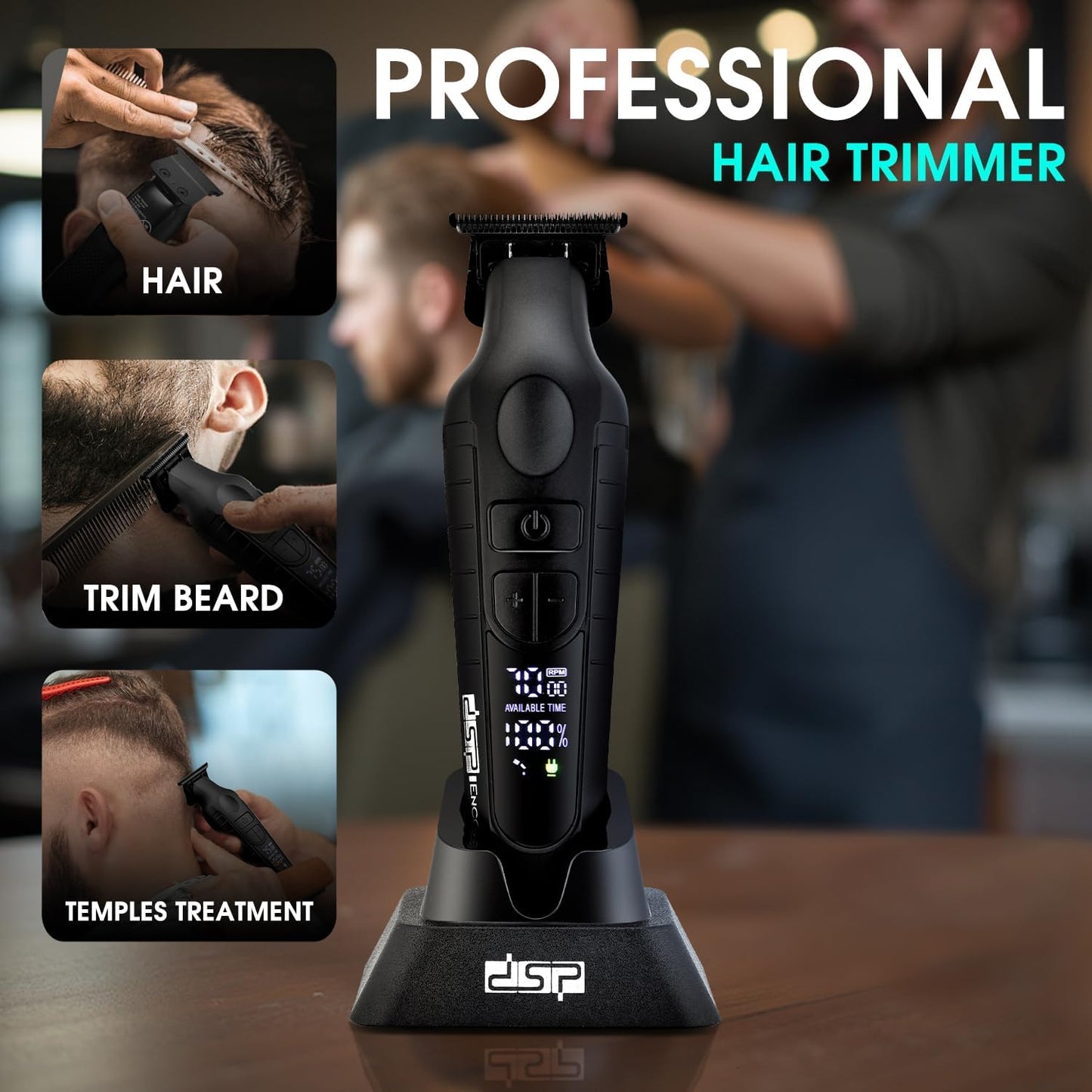 DSP Hair Trimmer for Men, Beard Trimmer, Cordless USB Rechargeable Barber Trimmer DLC, Speeds Adjustable, Travel Lock, Low Noise with Charging Base