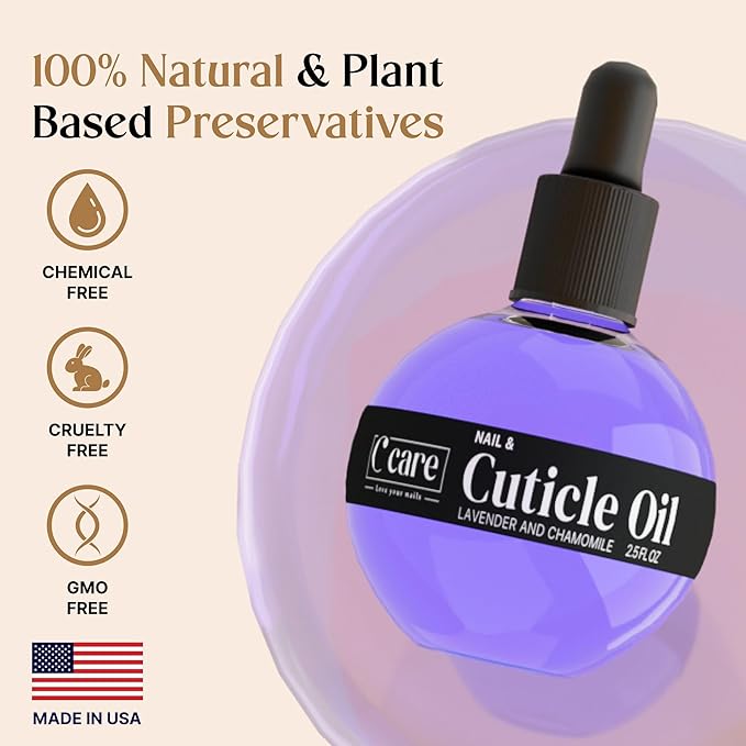 C CARE Lavender and chamomile Cuticle Oil For Nails - Repairs Cuticles Overnight - Moisturizes and Strengthens Nails and Cuticles - Dropper & Brush included - 2.5oz