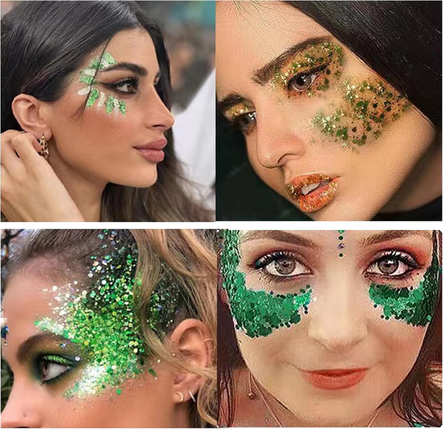 St Patrick's Day Green Body Glitters, Face Glitter Gel Mermaid Sequins Holographic Chunky Glitter, Lip Eye Hair Body Makeup, Liquid Eyeshadow Festival Rave Accessories, 50g