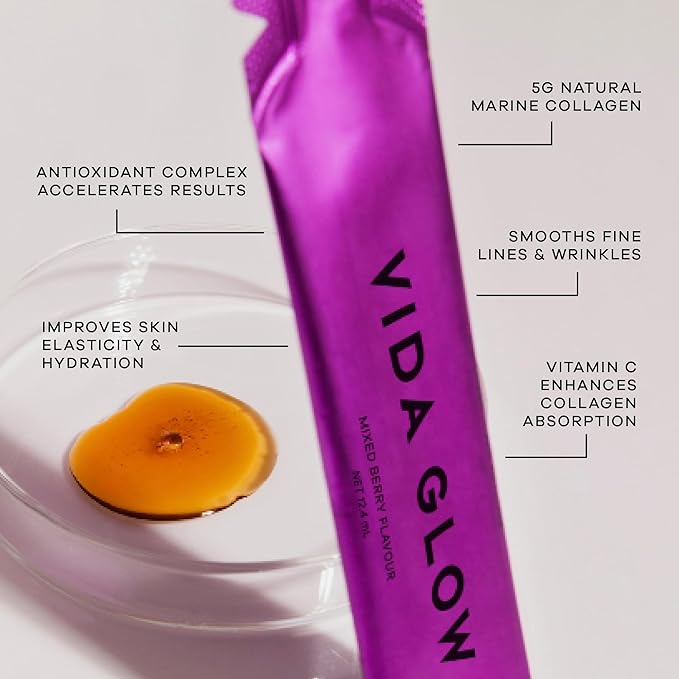 Vida Glow Collagen Liquid Advance – Marine Collagen Peptides with Vitamin C, Antioxidants, and Manuka Honey – Supports Skin Firmness, Hair Thickness, and Nail Strength- Berry Flavor