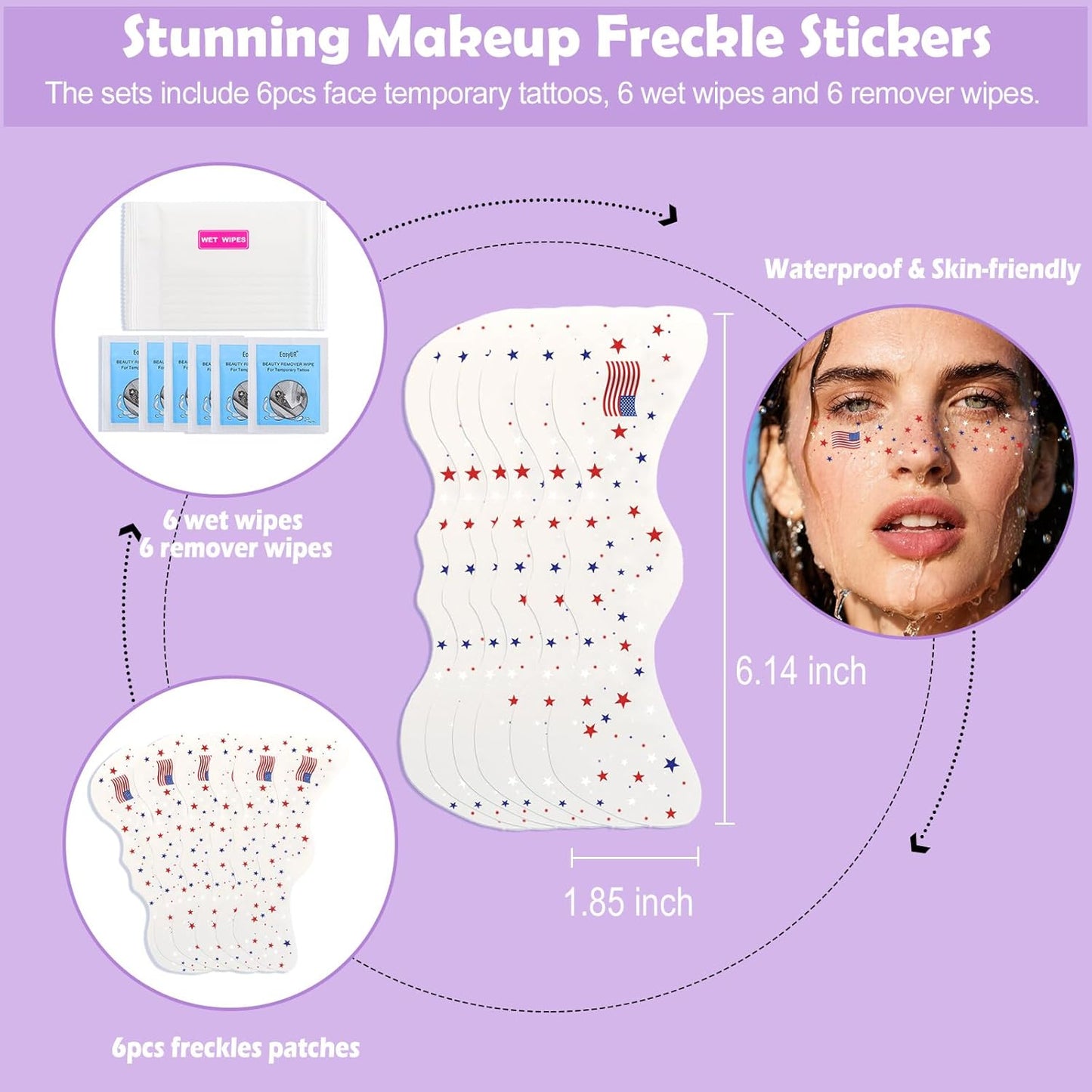 Yosca Glitter Freckles Face Tattoo, 6Pcs Metallic Gold Temporary Tattoos for Body Face Freckle Makeup, Waterproof Glitter Makeup Patches for Festival Concert Party Girl Women Rave Accessories