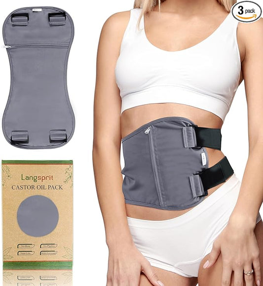 Langsprit Organic Cotton Castor Oil Pack Wrap - Reusable Castor Oil Pads Pack Compress for Liver & Stomach Detox - Body Kit Charcoal Grey