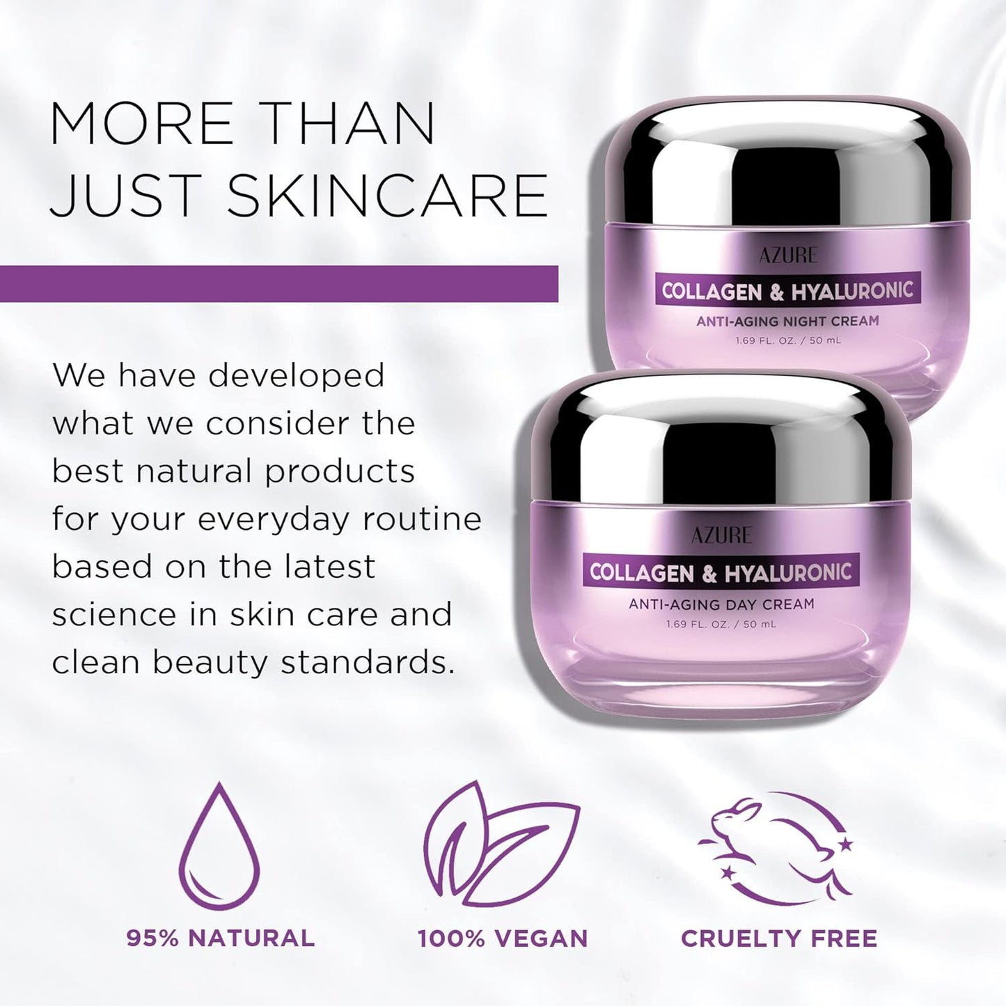 Azure Cosmetics Collagen & Hyaluronic Acid Face Moisturizer - Dermatologist Tested, Anti-Aging Cream for Fine Lines & Wrinkles - Ultra Hydrating Face Cream - Korean Skin Care - Day & Night Duo Set