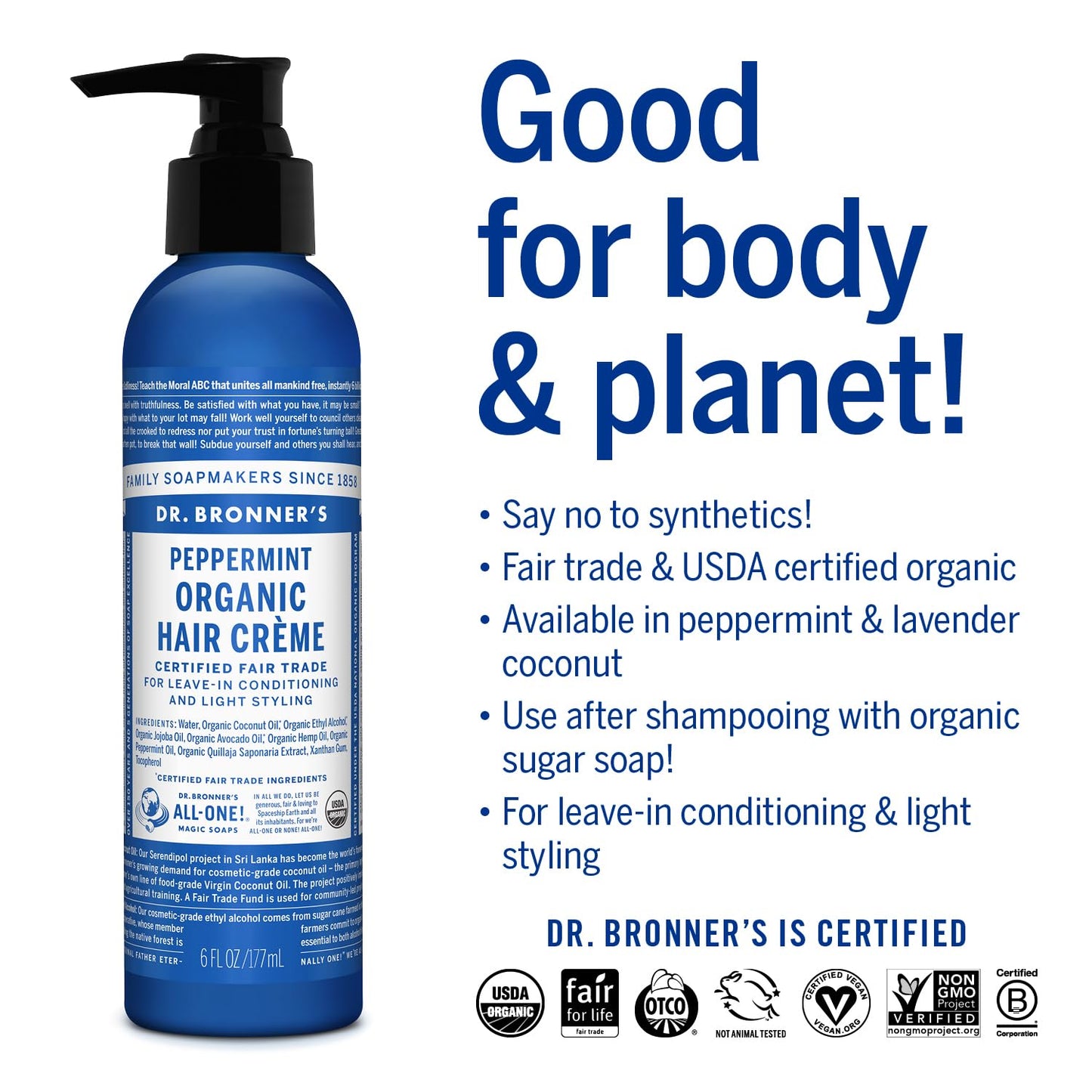 Dr. Bronner's - Organic Hair Crème - Lavender Coconut, Leave-In Conditioner & Styling Cream, Made w/Organic Oils, Hair Cream Supports Shine & Strength, Nourishes Scalp, Non-GMO (6oz, 2-Pack)