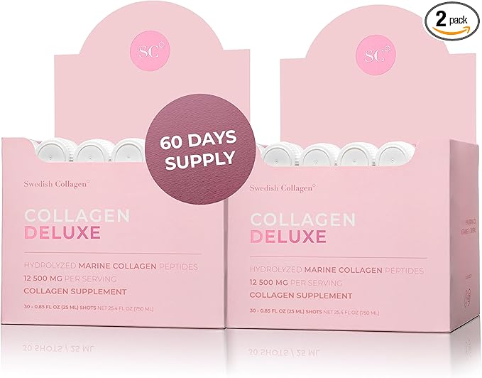 Collagen Deluxe 30 Shots x 2 I 8 Week Bundle I 12500 mg Marine Collagen (Type I & III) I Hyaluronic Acid, Biotin, Vitamin C I Sugar-Free - 8 Week Supply