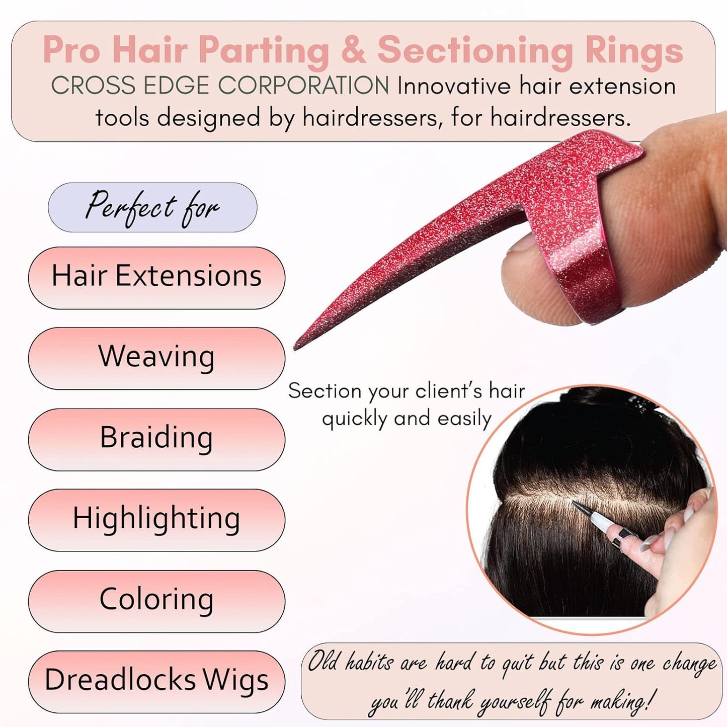Quick Hair Braids Parting & Sectioning Rings - Stainless Steel Stitch Braid Tool Finger for Human Dreadlock Extensions Wig & Installation of Hair Extension Braiding Tools (Hot Red)