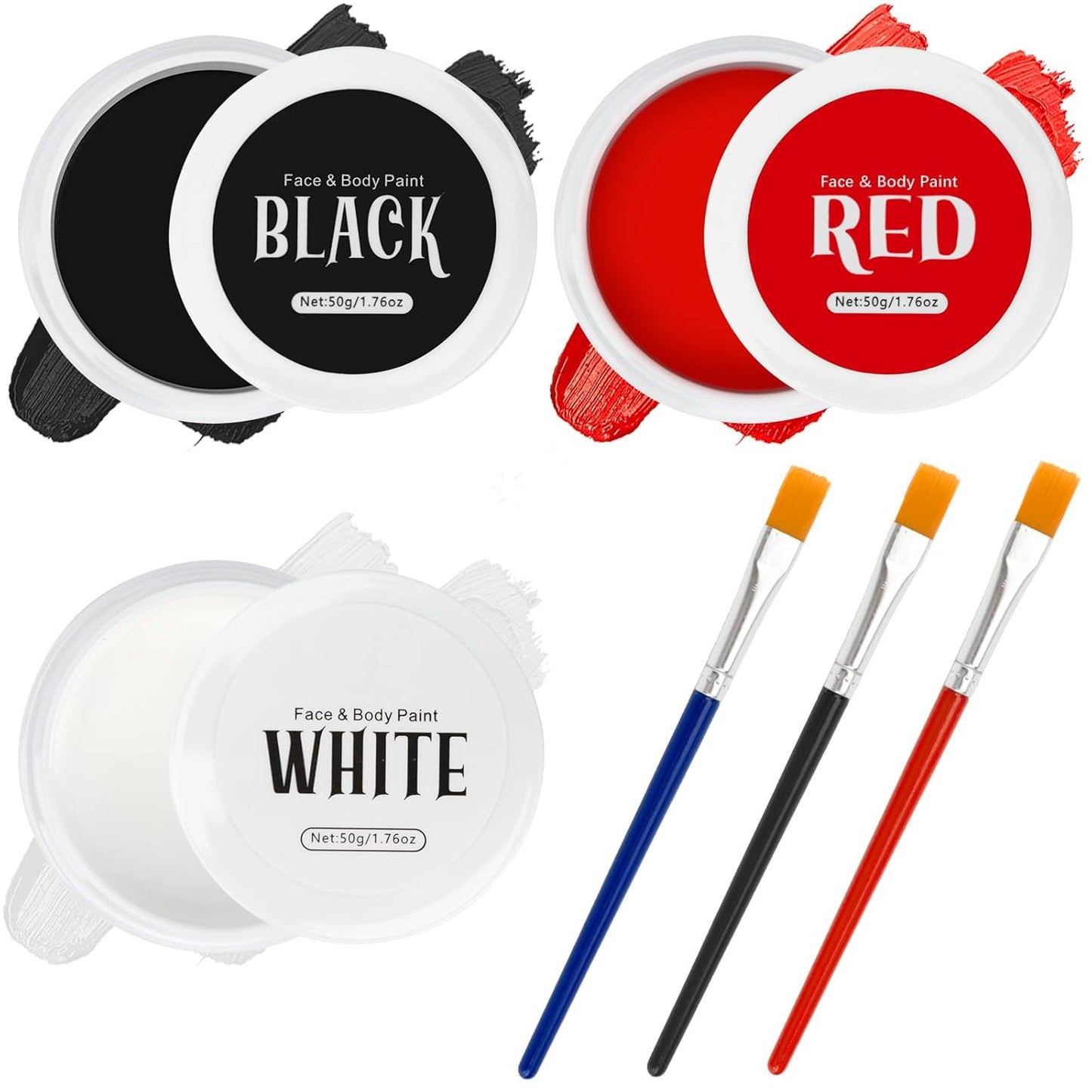 TonJin Black + White + Red Face Body Paint Set 5.28oz,Non-Toxic Professional Paint Palette Kit with 3 Brushes for Kids & Adults Art Theater Halloween Party Cosplay Clown Corpse Paint SFX Makeup