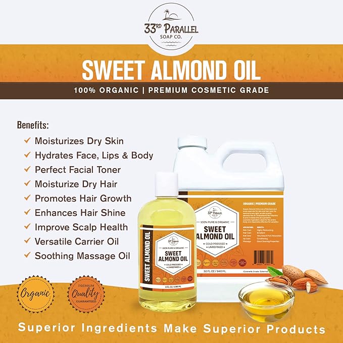 ORGANIC SWEET ALMOND OIL (8 oz) Premium Cold Pressed Unrefined | 100% Pure Sweet Almond Oil for Skin, Face, Hair, Soap Making | Carrier for Essential Oils | Available in Bulk | 8 FL OZ