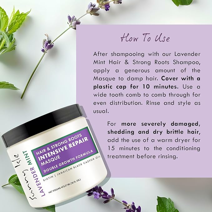 Sunny Isle Lavender Mint Hair and Strong Roots Intensive Repair Masque 16oz | Double Growth Formula | Biotin and Jamaican Black Castor Oil