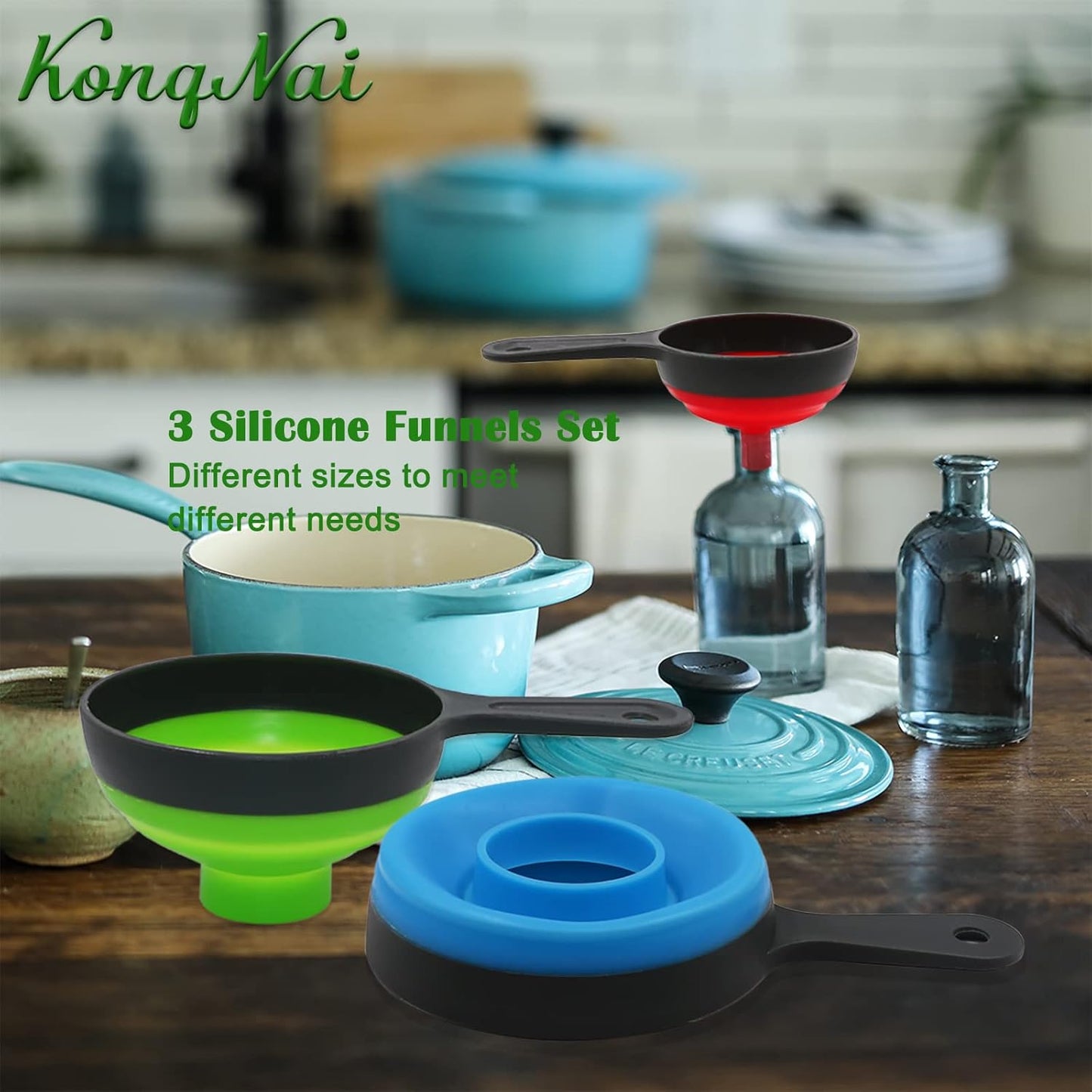 KongNai Canning Funnel for Wide and Regular Jars，Wide Mouth Funnels Sets of 3, Large for Mason Jar, Food Grade Collapsible Silicone Kitchen Accessories for Transfer Jam, Juice, Spices and Oil