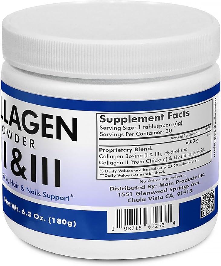 Collagen Powder Type I, II & III. Hydrolyzed Collagen and Hyaluronic Acid, Net Wt 6.3 Oz Supports Articulation, Skin, Hair and Nails. Collagen Powder 1, 2, 3.