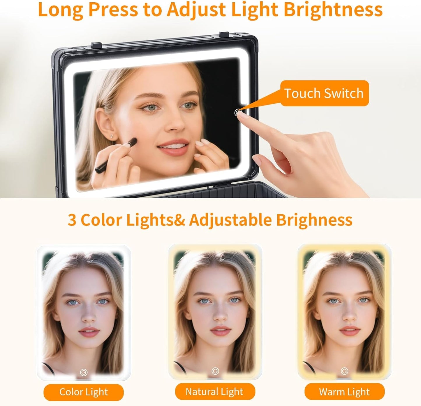 CHENGLIN Makeup Case with Lighted Mirror – Waterproof Travel Train Case, Cosmetic Organizer with Adjustable Dividers, Magnetic LED Mirror, Portable Makeup Suitcase for Women, Black