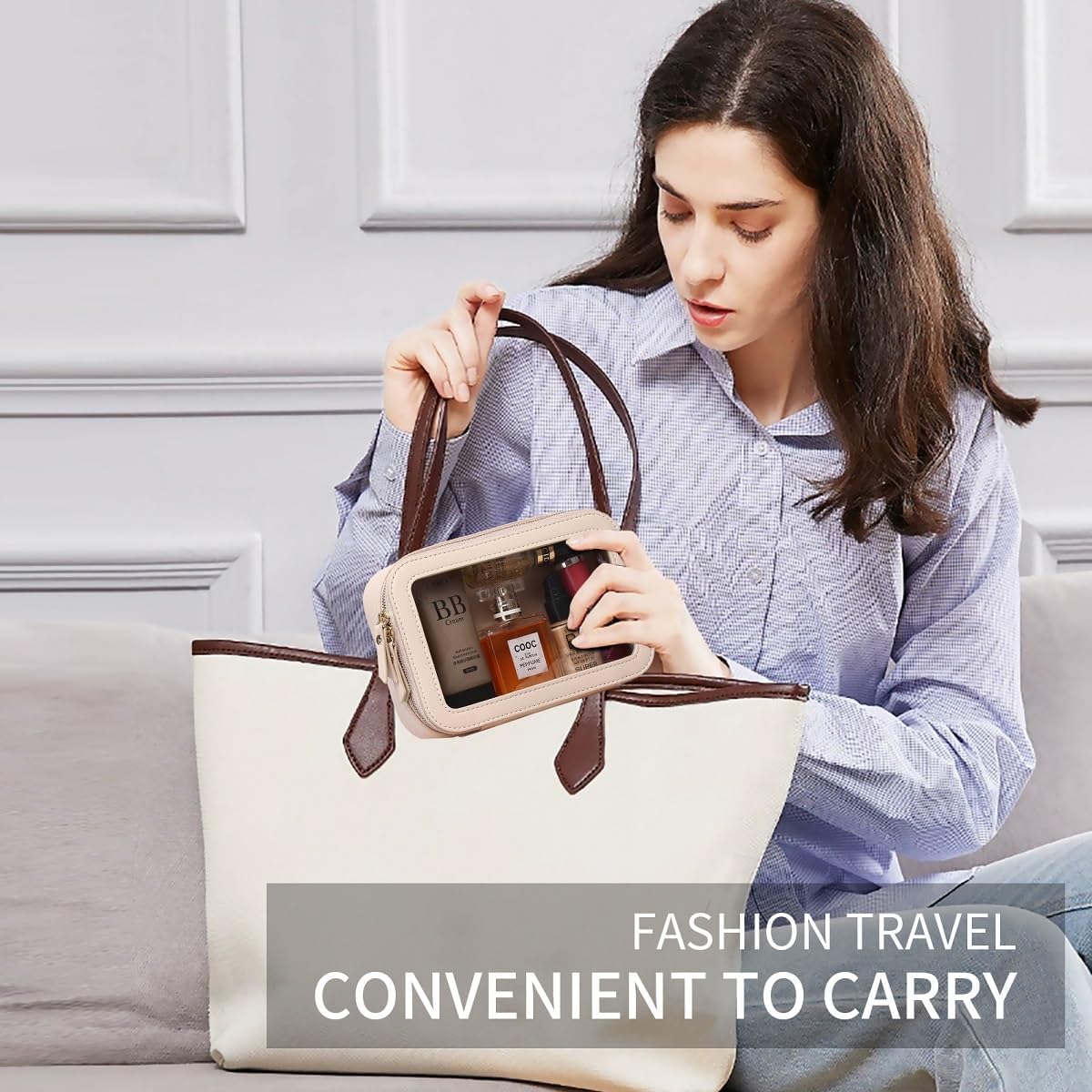 Pinkmik Clear Makeup Bag Transparent Travel Case for Cosmetics and Toiletries Women's Clear Car Bag with Zipper (Beige, Small)