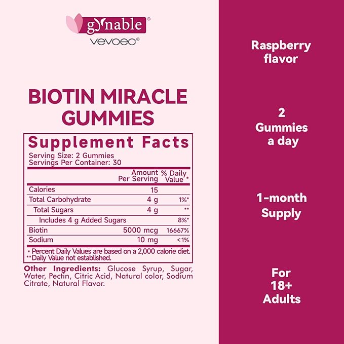 Gynable Biotin Gummies Vitamin B7, 5000 mcg, Hair Skin and Nails Supplement, 60 Count, 2 Month Supply