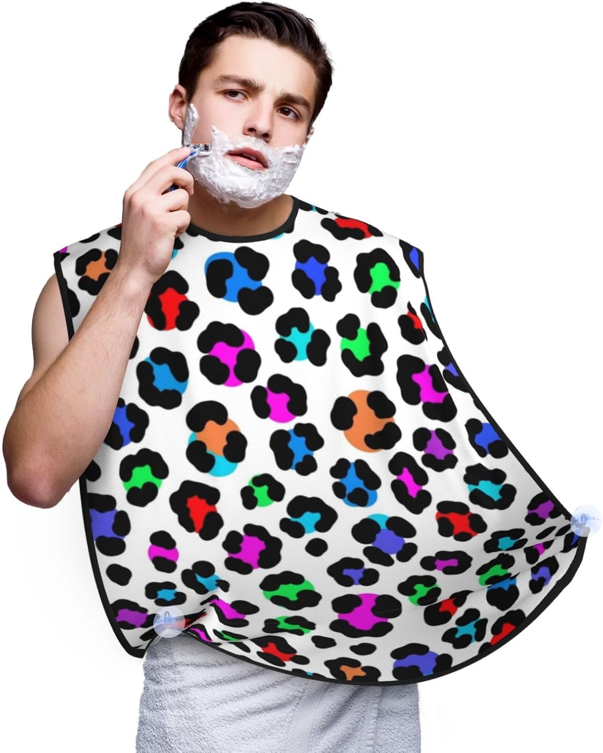 Beard Hair Catcher for Men, Waterproof Shaving Bib Apron Non-Stick, Trimming Tool for Dad Husband, Wild Animal Colorful Cheetah Leopard Shave Bib