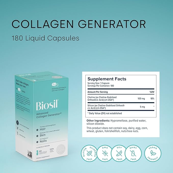 Biosil Collagen Generator - 180 Liquid Capsules - with Patented ch-OSA Complex - Generates & Protects Your Own Collagen - GMO Free - 90-Day Supply