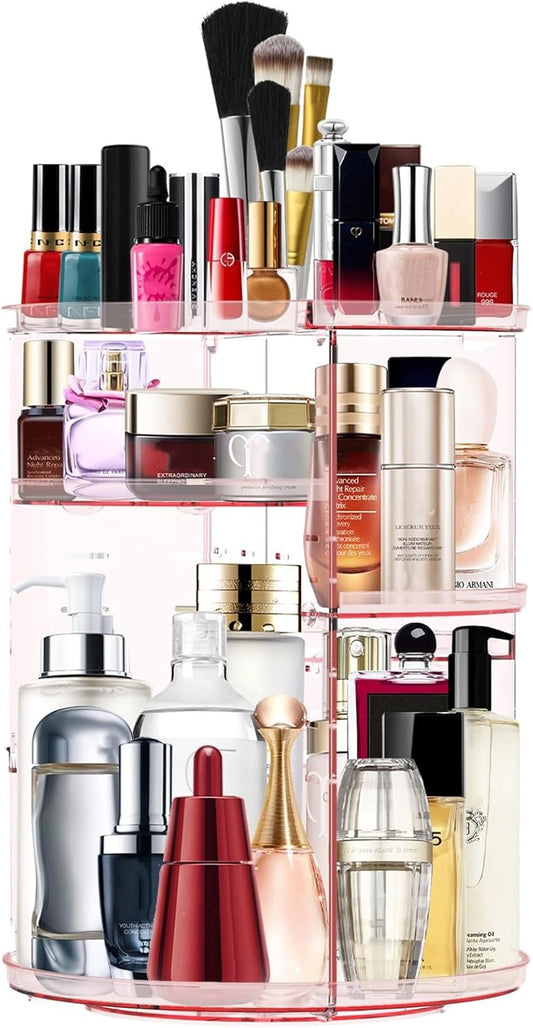 MISERWE Makeup Organizer 360 Rotating Cosmetic Organizer DIY Adjustable Makeup Carousel Spinning Holder Rack, Large Capacity Cosmetic Storage Box Makeup Brushes Organizer for Vanity Countertop (Pink)