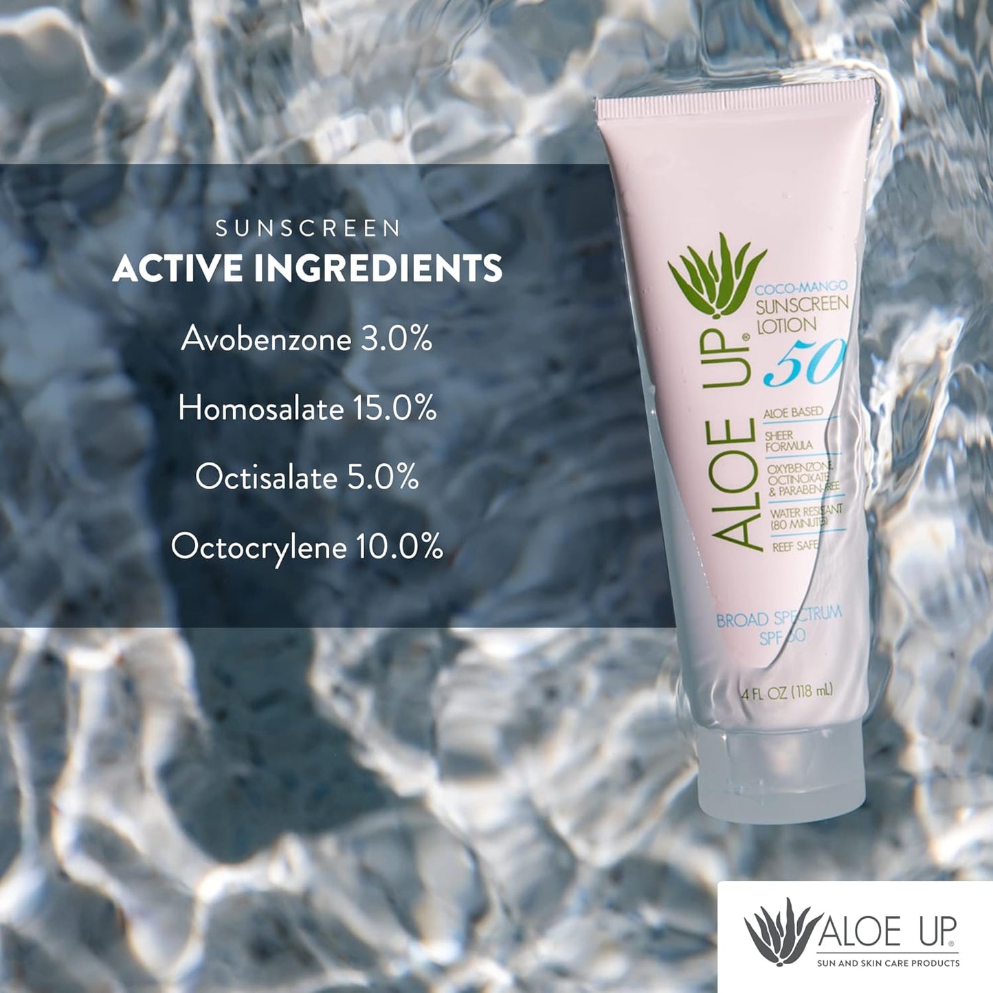 Aloe Up SPF 50 Sunscreen for Sensitive Skin - Broad Spectrum Face and Body Sunblock with Aloe Vera - Reef-Safe, Hydrating Coco-Mango Fragrance, 4 Oz