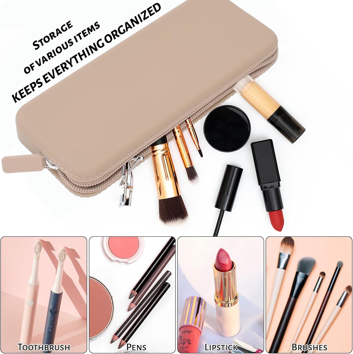 Sakolla Travel Makeup Brush Holder, Silicone Makeup Brush Bag with Zipper Closure, Makeup Brushes Organizer Case Washable Makeup Pouch Holder Case for Daily, Work, Essentials (Khaki)