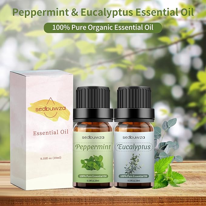 Sedbuwza Peppermint Eucalyptus Essential Oil Set, Peppermint Fragrance Oil Eucalyptus Scent Oil Set for Diffuser, Aromatherapy, Massage, Soap, Candle Making 2 x 10 ml