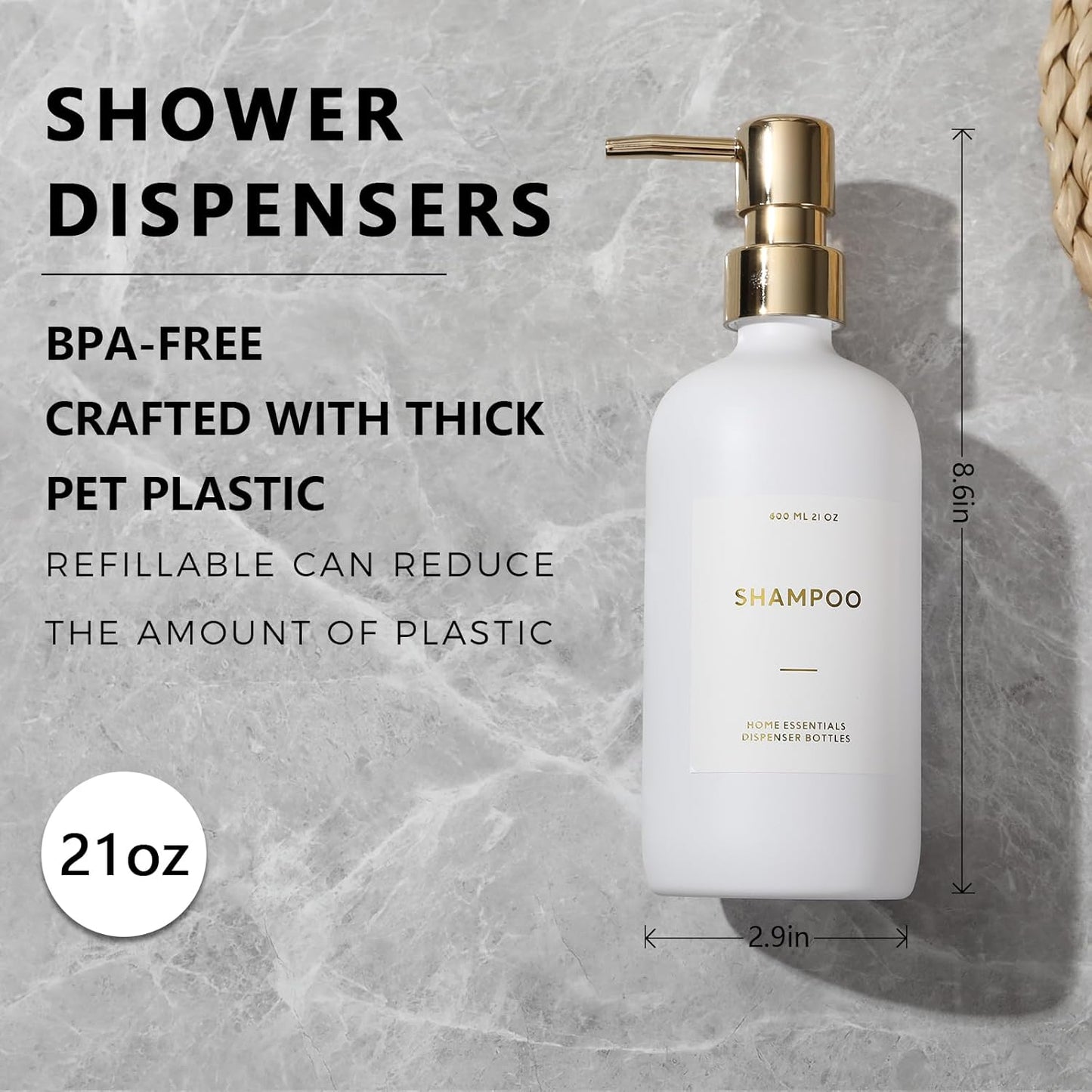 HOMCDALY Shampoo and Conditioner Dispenser, 21oz 3-Pack Refillable Pump Bottles, Shampoo Container, Empty Pump Bottle, Bathroom Shower Dispenser（21oz-White&Gold）