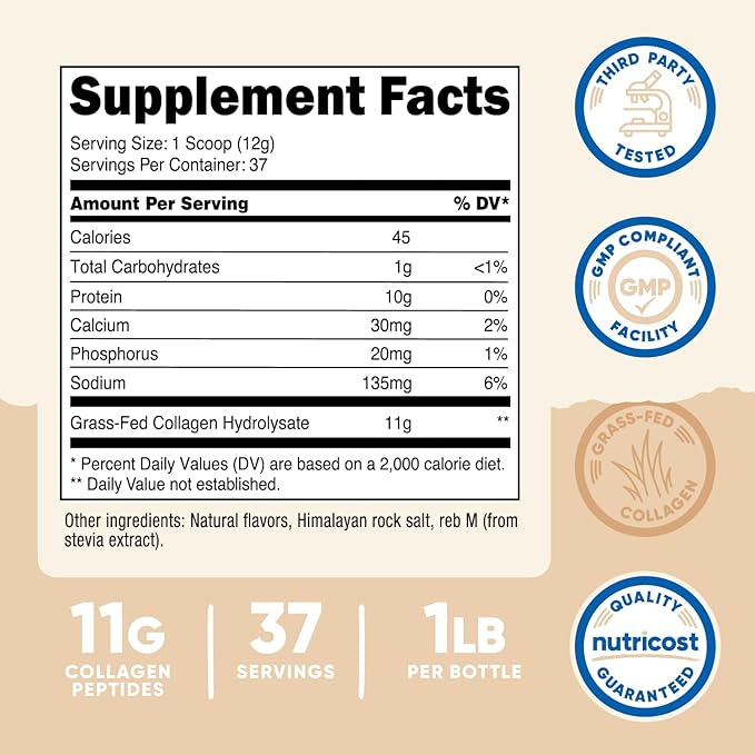 Nutricost Grass-Fed Collagen Powder 1LB (454 G) (Vanilla) - Grass Fed Bovine Collagen Hydrolysate - Collagen Peptides