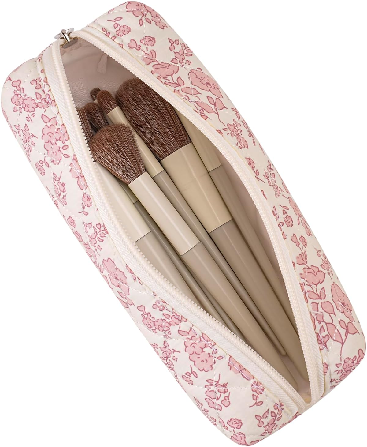 Cute Floral Cotton Makeup Brush Cosmetic Bag for Women, Travel Quilted Zipper Make Up Bag, Flowers Toiletry Organizer Case Kawaii Makeup Cosmetic Travel Cloth Pouch (Big Pink Floral)