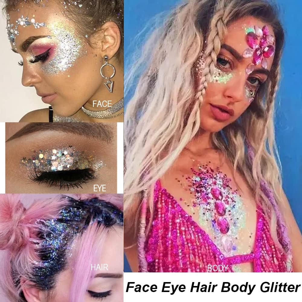 Mysense Rose Gold Body Glitter Gel, Singer Concerts Glitter Makeup, Music Festival Rave Face Eye Hair Accessories, Chunky Glitter Mermaid Sequins, Sparkling Paint for Women, 30g