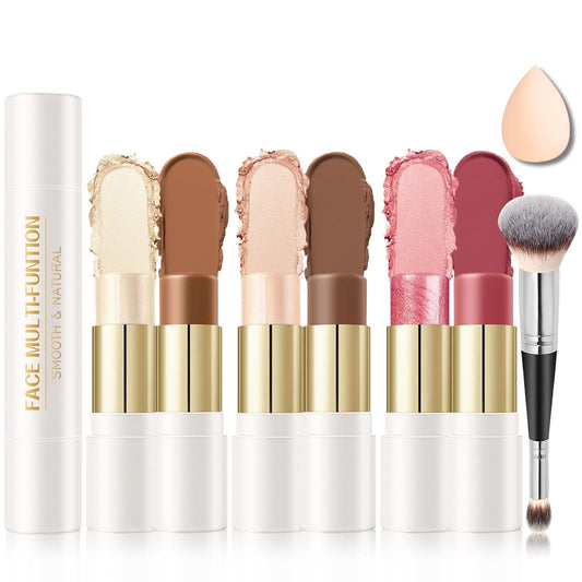 6 Colors Cream Contour Stick Makeup Kit, Double-ended Cream Highlighter Stick Bronzer and Blush Stick for Sculpt the Cheeks, Matte & Dewy Finish, Face Contour Kit for Beginners, Set B