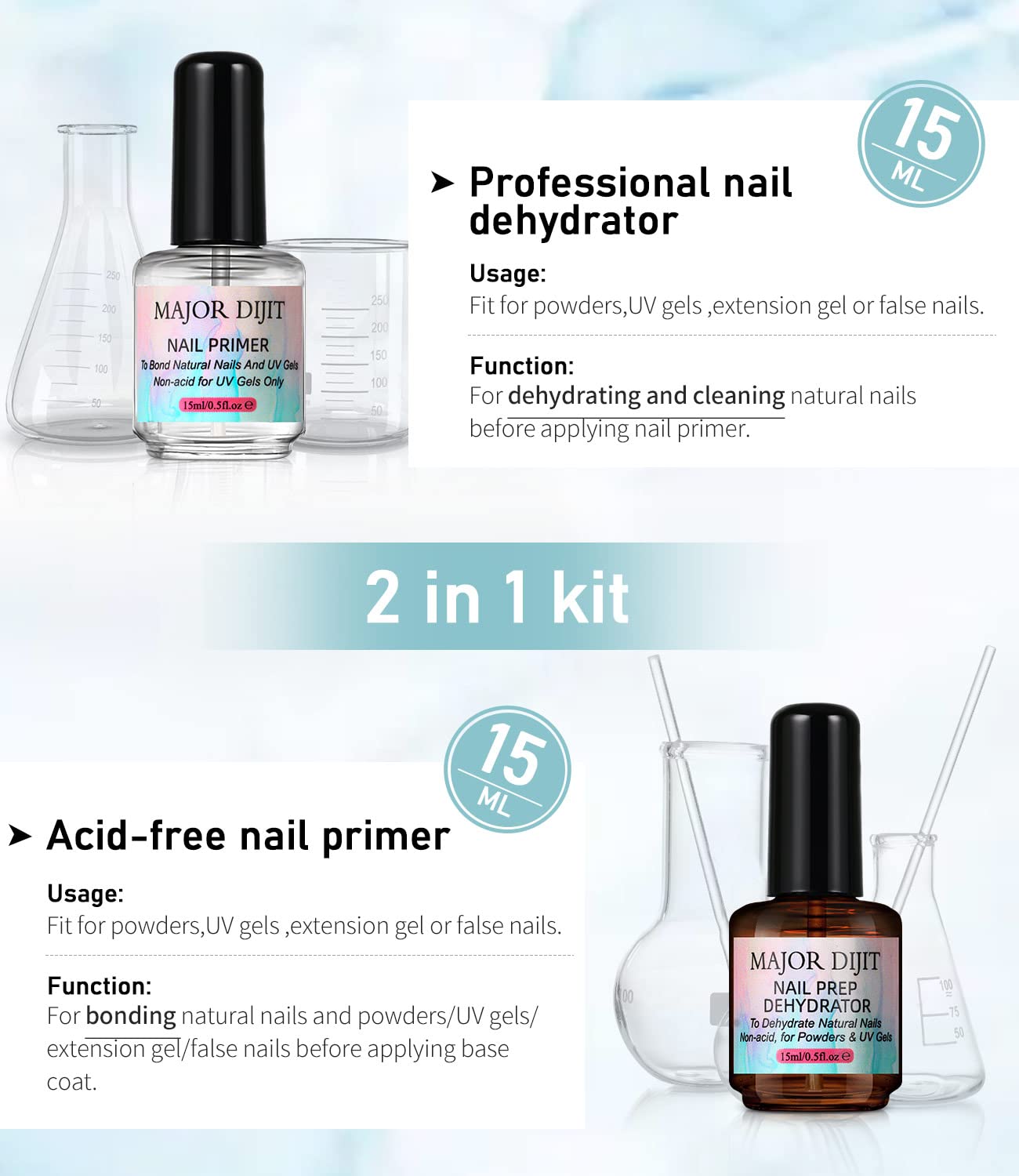 Major Dijit Nail Dehydrator and Nail Primer with Cuticle Oil Set Air Dry Superior Bonding Primer for Acrylic Powder