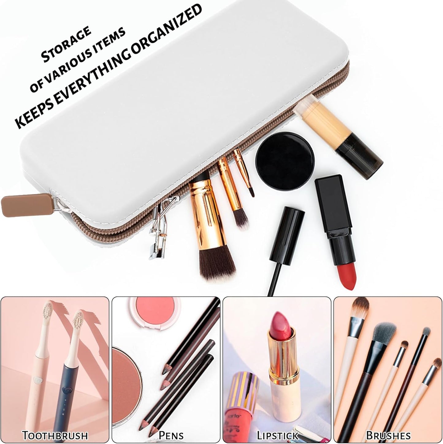 Sakolla Travel Makeup Brush Holder, Silicone Makeup Brush Bag with Zipper Closure, Makeup Brushes Organizer Case Washable Makeup Pouch Holder Case for Daily, Work, Essentials (White)