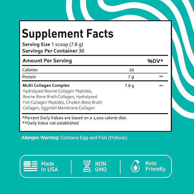 Vital Vitamins Multi Collagen Peptides Powder - Unflavored, Easy to Dissolve - Type I, II, III, V, X - for Women & Men - Promotes Hair, Skin, Nails, & Joint Health - 30 Servings