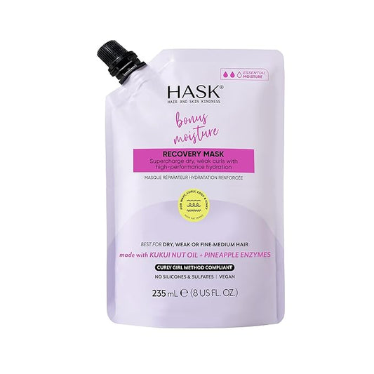 HASK Bonus Moisture Recovery Mask with Kukui Nut Oil & Pineapple Enzymes for Wavy, Curly, Coily & Kinky Hair, Hydrates, Softens, Prevents Damage, Vegan, Sulfate-Free, Cruelty-Free – 8 fl oz